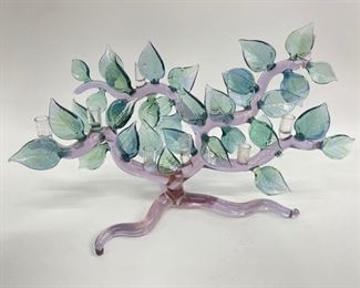 Fine Art Glass Bonzai Candleabra BANDU DUNHAM TREE OF LIFE MENORAH WITH PURPLE TREE AND GREEN LEAVES
