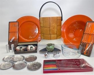 MCM DANISH STELTON ; Nambe ; & ALESSI ; Wendell August Handmade Metal Tray Round Coaster Mushrooms Patter ; Faux leather ice bucket
