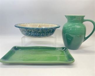 MCM Le Creuset StoneWare Pitcher Spongeware divided Bowl and Green signed stone tray
