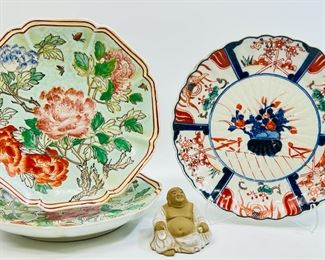 Decorative Japanese Imari Style Plate, Hand Painted Chinese Porcelain Plate, & Vintage Mini Happy Buddha Figurine
