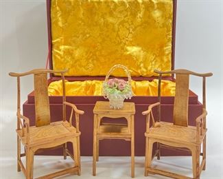 Vintage Chinese Mini Wooden Furniture Model Chairs & Table With Original Box
