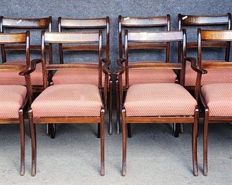 8 Fantastic Antique Inlaid Dining Chairs with Clean Silk Upholstered seats
