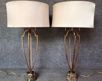 High Quality Pair Gilt Painted Iron Marble Base Table Lamps with Silk Shades Hollywood Regency style

