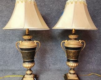 Pair Lovely Gilt painted Urn Form Table Lamps with Silk Shades Hollywood Regency Style
