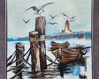 Vintage Large Artist Signed Painting on Canvas Framed Dockside Scene
