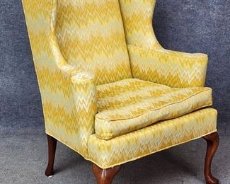 20th Century Hickory Chair Company Ikat Upholstered Wing Back Lounge Chair Queen Anne Style Yellow
