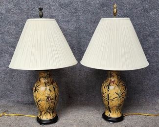 Pair Oriental Accent Bamboo Table Lamps Painted Ceramic Bamboo & Bird Design with Shades
