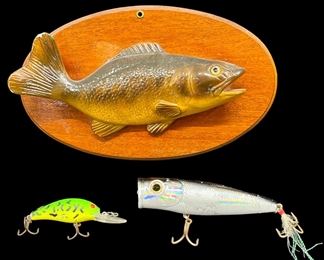 Lot of three Fishing Accessories Including a wall Mounted Fish and Two Lures
