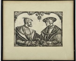 Framed, original, C.B. Hopper original etching on iron of Charles V and his brother, Ferdinand
