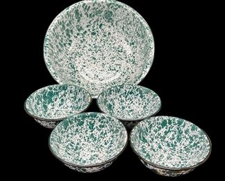 5 CGS Fine Green Splatter Spongeware Enamelware Bowls - Mid Century Modern
