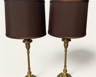 Pair of fancy brass and marble base table lamps with silk shades and acorn finials (29 inches H)
