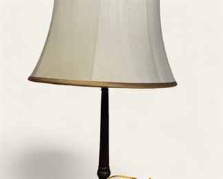 Wonderful metal high style table lamp with lion head and paw feet. Silk shade and matching finial (32 inches H)
