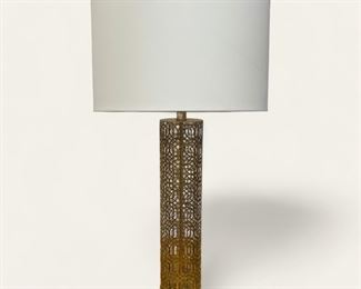 Modern Gilt Metal and Hollywood Regency style table lamp with cotton shade (33 inches H)
