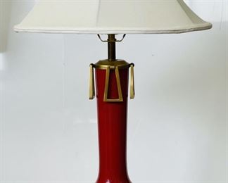 Modern red porcelain Asian style table lamp with fancy brass mounts (30 inches H)
