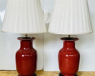 Pair of glazed pottery classic form lamps (31 inches H)
