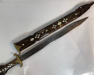 Beautiful Antique Handmade Caucasian/Georgian Sword With Mother Of Pearl and Bone Inlay, Carved Wooden Sheath and Handle, And Brass Inlay Steel Blade
