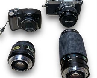 Lot of Cameras & Camera Lenses Including: A Canon PowerShot SX100 IS 8.0MP Digital Camera, A Nikon FE Silver 35mm SLR Film Camera w/ A Nikon Nikkor 50mm f/1.2 Manual Focus Lens, A Sigma Mini Wide II 28mm f/2.8 Film Camera Lens, And A Tokina 80-200mm 1:4.5 Zoom Lens
