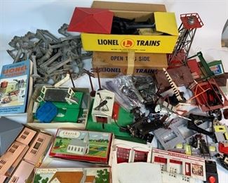 Huge Lot of Vintage Postwar Lionel O Gauge Train Set Scenery Buildings, Train Car Parts, Train Track Parts, Bridge Trestles and More
