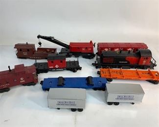 Vintage Lionel O Gauge Seabord Model 027 Diesel Switcher Train Engine and Cars - Mobile Crane Car, Caboose, Dr. Pepper Tank Car, and More
