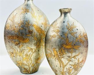 Pair Of John Richards Vases Hand Crafted Floral W Birds Vases Hand Painted
