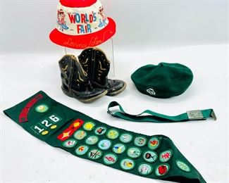 Vintage Girl Scout Green Sash patches Pins And Hat Freedom Valley Council, 1964/65 Worlds Fair Hat And Windsor Western Child Boots Size 3
