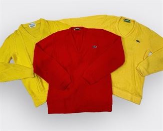 VINTAGE HAYMAKER LACOSTE V-NECK SWEATERS SZ 36, TWO YELLOW, ONE RED, ONE YELLOW IS INWORN WITH ORIGINAL SAMPLE LABEL.
