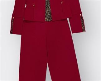 ST JOHN COORDINATES ST JOHN DEEP RED KNIT ELASTIC WAIST PANTS SZ 4 , ST JOHN ZIP JACKET WITH LEAOPARD PRINT PEEKABOO LINING IN CUFFS SZ 4, MATCHING LEOPARD PRINT SILK/SPANDEX TANK SZ S
