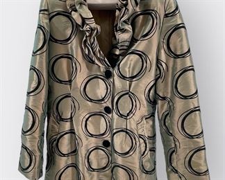 ZSA ZSA GOLD TAFFETA AMD BLACK VELVET ABSTRACT JACKET WITH RUFFLED COLLAR, VELVET BUTTONS, AND SASH BELT POLYESTER SZ MED
