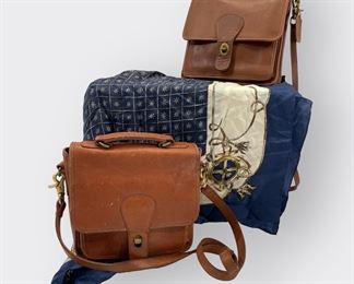 VINTAGE TAN COACH STATION BAGS CROSSBODY AND BLUE/WHITE NAUTICAL THEME SCARF MADE IN USA NO. 0153 206 AND KOREA 101-07
