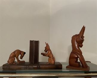 Vintage carved wood dog bookends