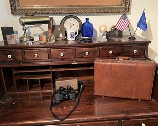 Desk lamp, vintage leather briefcase