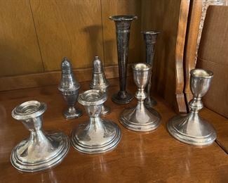 Sterling vases, salt and pepper and candle holders