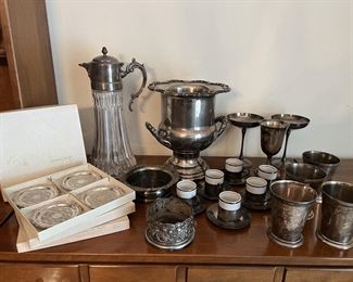 Full size silver plate ice bucket. Cups, wine coasters and more