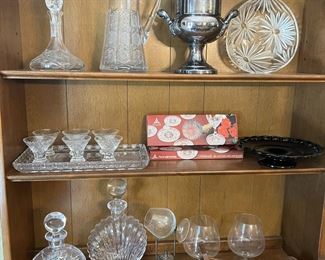 Crystal decanter, signed. Ice bucket, cut glass pitcher, Brandy warmer, Black depression glass
