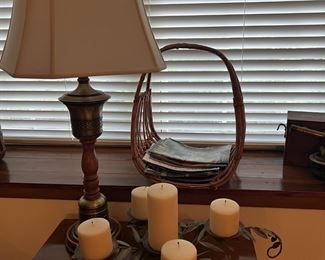 Lamps, leaf candle centerpiece, MCM basket