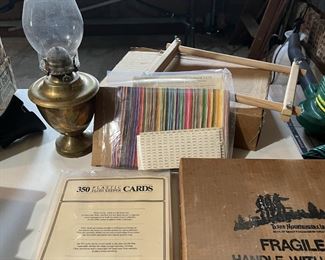 Brass oil lamp, Needlpoint etc