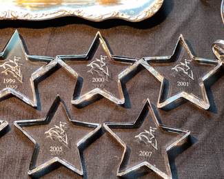 1996, 97, 99, 2000, 01, 02, 03, 05, 07 Tiffany crystal paperweights w/Dolphin