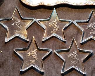 1996, 97, 99, 2000, 01, 02, 03, 05, 07 Tiffany crystal paperweights w/Dolphin