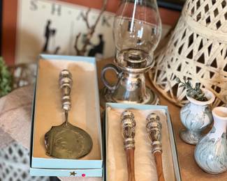 Sterling pastry server and Sterling & wood salad servers