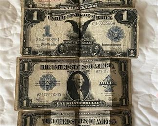 OVERSIZED DOLLAR BILLS, 3 ARE SILVER CERTIFICATES : THE RED LETTERING IS UNITED STATES NOTE