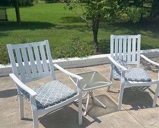 Set of 2 white slat back outdoor chairs - $120