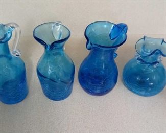 Collection Of Blue Crackle Glass Vases and Pitchers Blenko Pilgrim