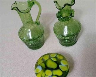 Green Crackle Glass Vase Pitcher And A Green Glass Mushroom