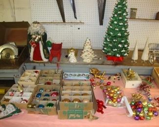 2 Ceramic Christmas Trees and Vintage Ornaments