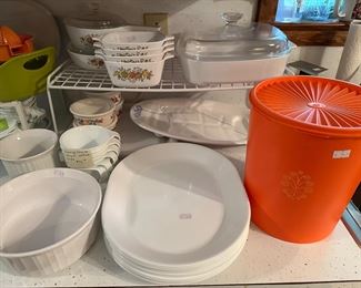 lots of Corelle white and also some Crazy Daisy (green on white). Notice the large stack of white oval platters, i’ve had several clients over the years with stacks I can only assume they used for guests at BBQ’s and parties!
