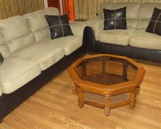 Two Tone Cream/Black Faux Suede/Leather Sofa & Love Seat