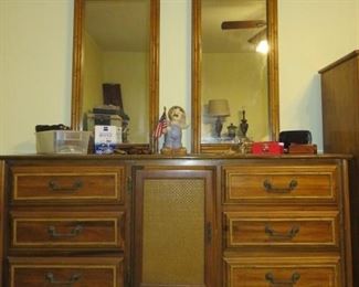 Vintage Faux Bamboo/Cane Trim Dresser w/Double Mirrors, Matching Armoire & Nightstands
