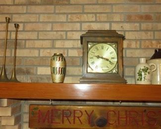 Brass Candle Sticks, Mantel Clock with Hidden Storage, Stoneware Jugs, Hanging Carved Wood Merry Christmas Sign