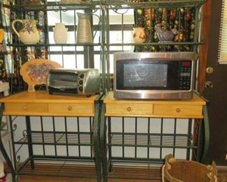 2 Matching Green Metal Bakers Racks with Oak Tabletop/2 Drawers