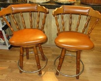 Pair Wood/Leather Swivel Bar Stools